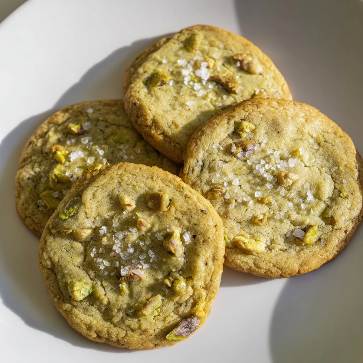 Golden brown salted pistachio cookies topped with flaky sea salt on a white plate