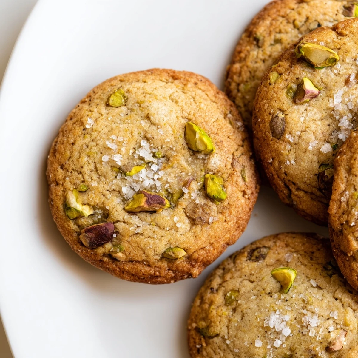 Stack of soft-baked salted pistachio cookies with chopped nuts and sea salt garnish