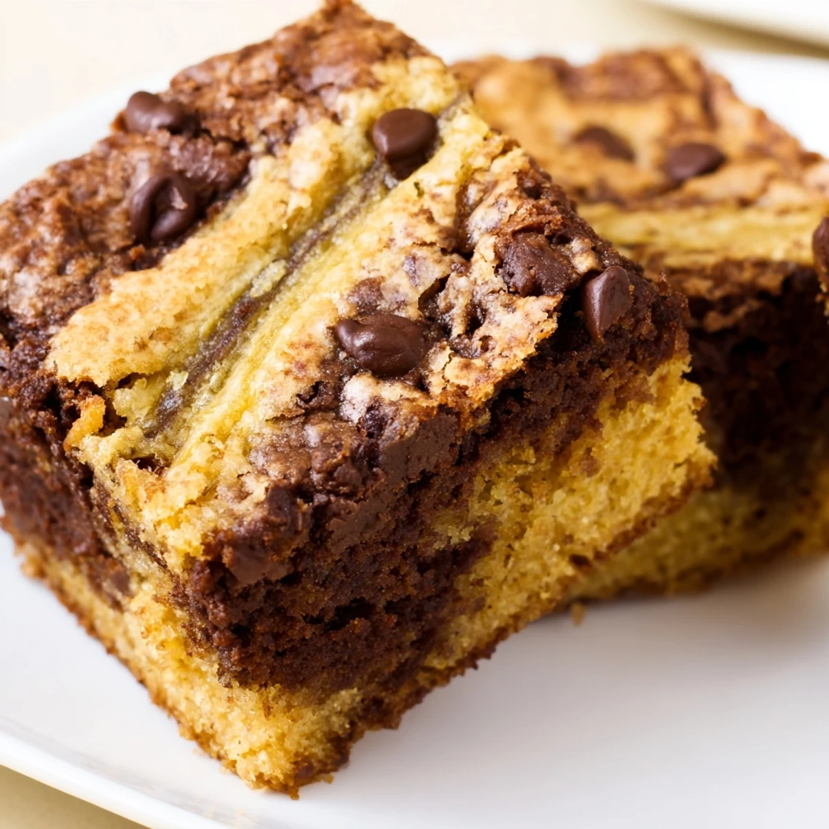 Freshly baked banana bread brownie bars with marbled chocolate and banana layers on a cooling rack