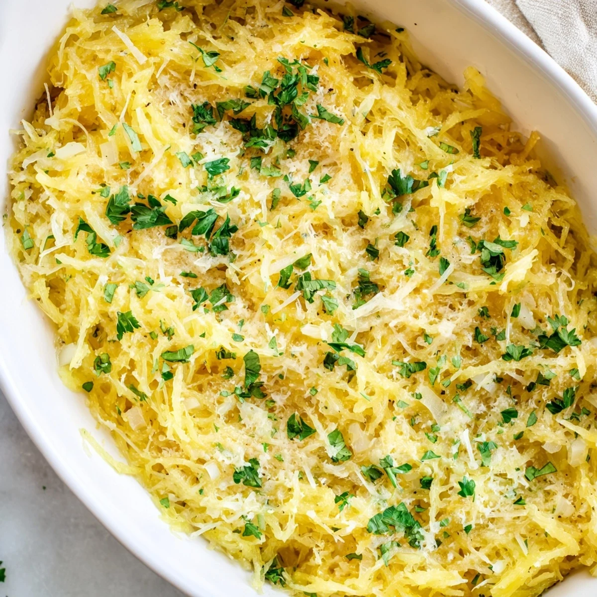Golden baked spaghetti squash au gratin topped with melted Gruyère and Parmesan cheese in a ceramic dish