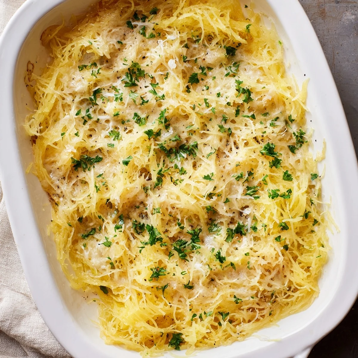 Roasted spaghetti squash strands tossed in rich cheese sauce baked until golden and bubbling