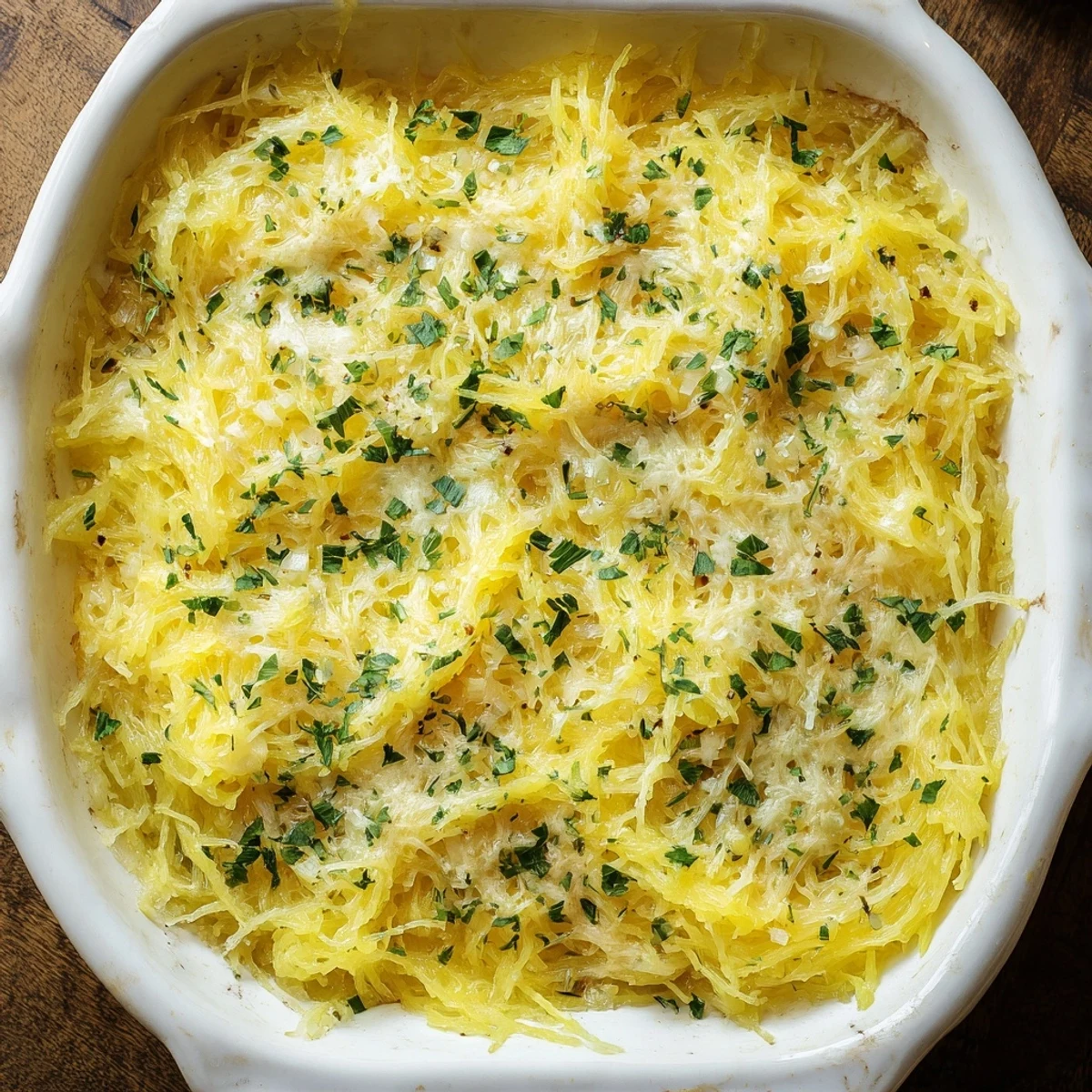 Creamy low-carb spaghetti squash au gratin casserole with bubbly cheese crust and fresh parsley garnish