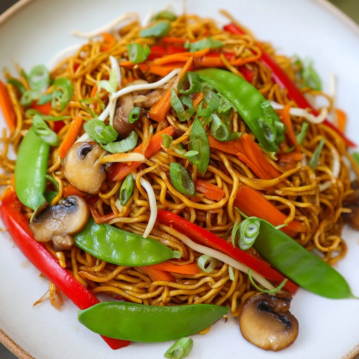 Golden crispy noodle chow mein topped with colorful stir-fried vegetables in savory sauce