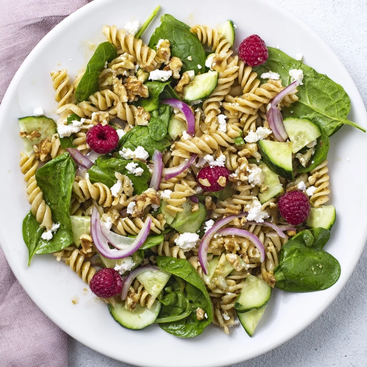 Colorful raspberry spinach feta pasta salad tossed in tangy vinaigrette with fresh raspberries