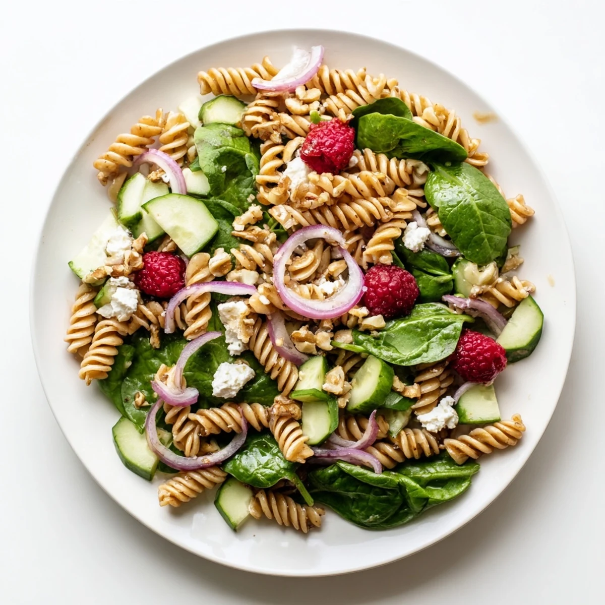 Fresh raspberry spinach feta pasta salad topped with crumbled feta and sweet red berries