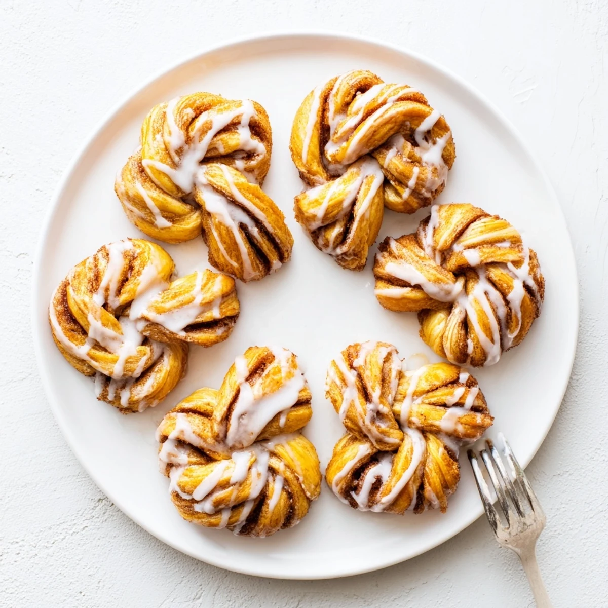Golden sweet cinnamon twists drizzled with white vanilla glaze on a white plate