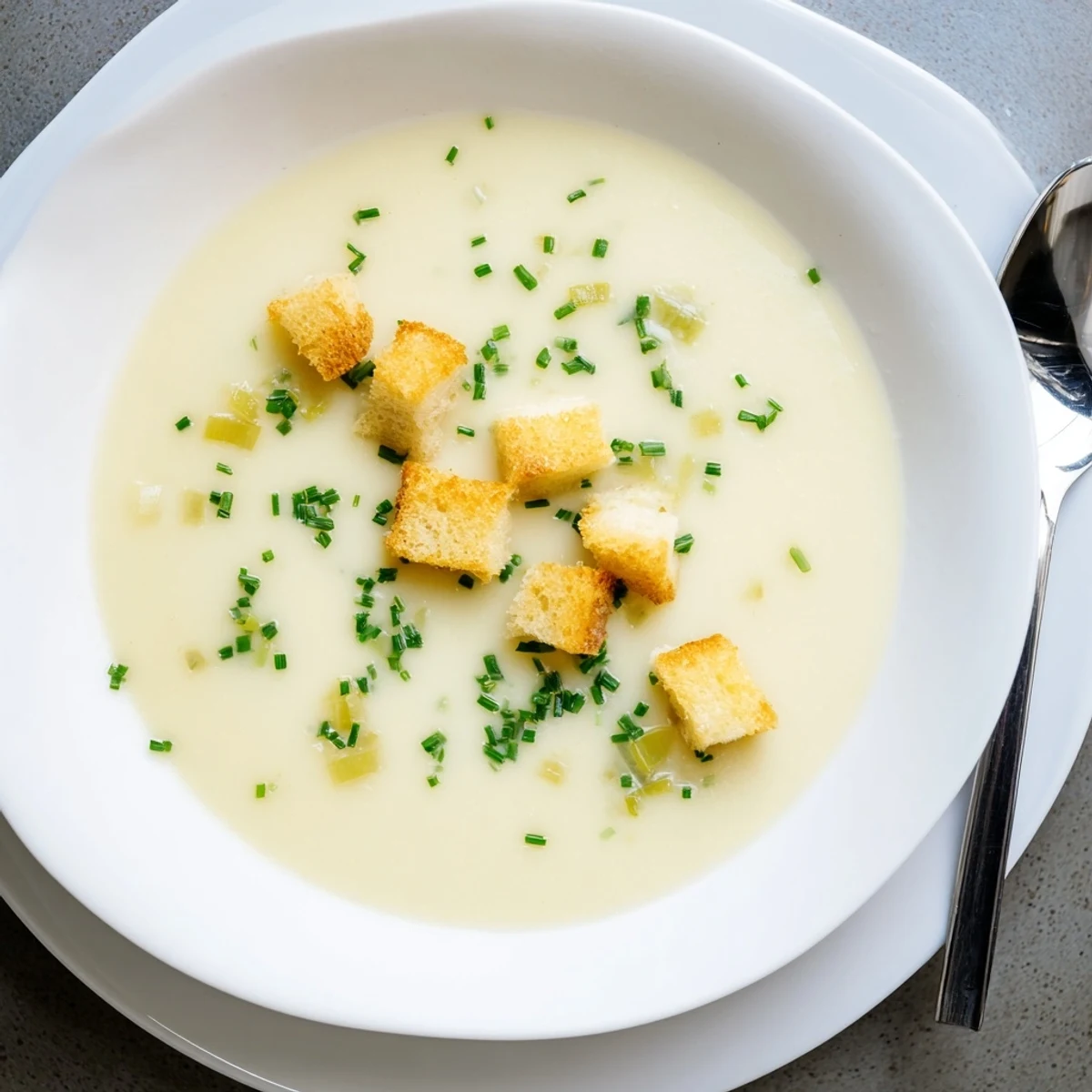 Creamy potato leek soup served in white bowls with fresh chive garnish