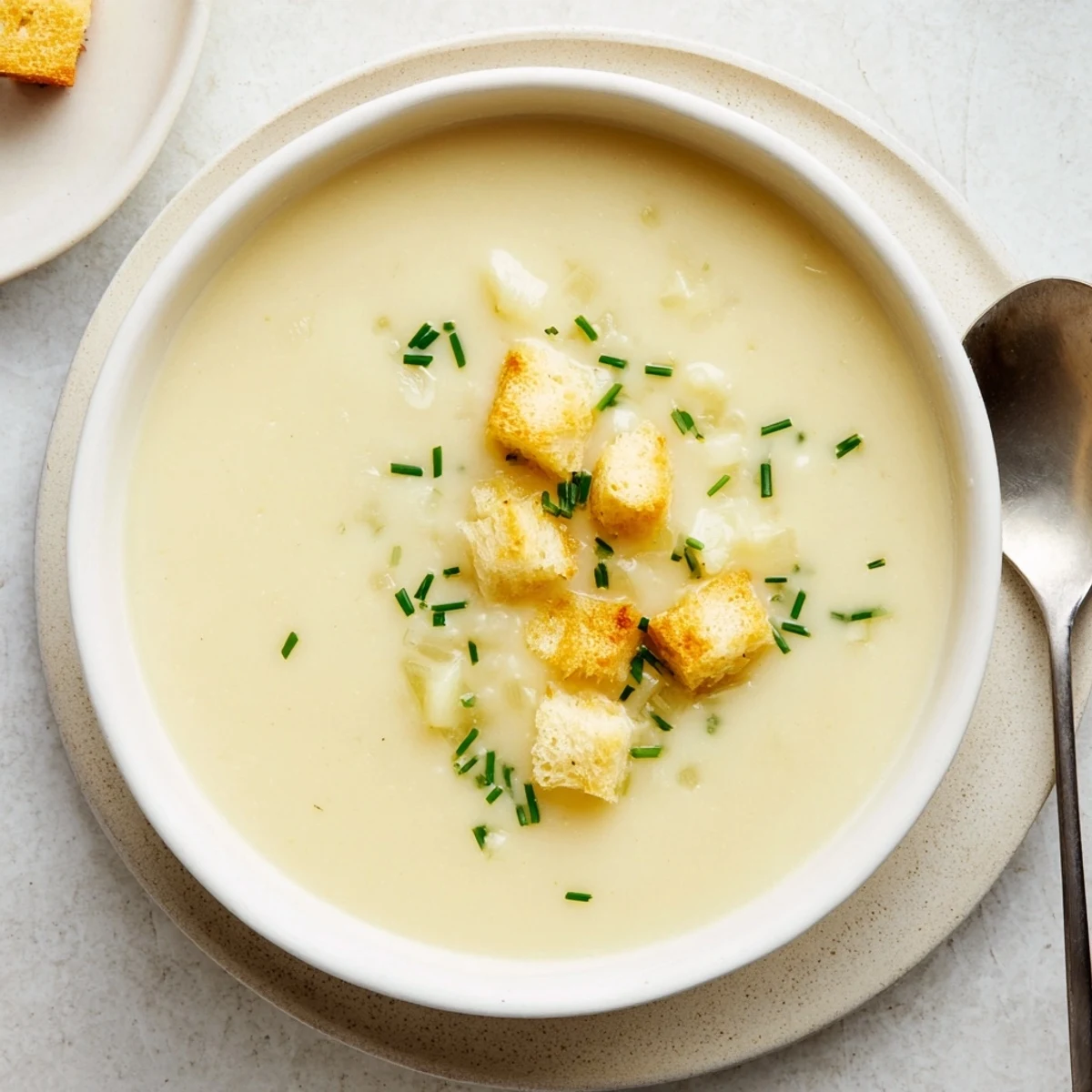 Golden potato leek soup drizzled with cream and topped with parsley