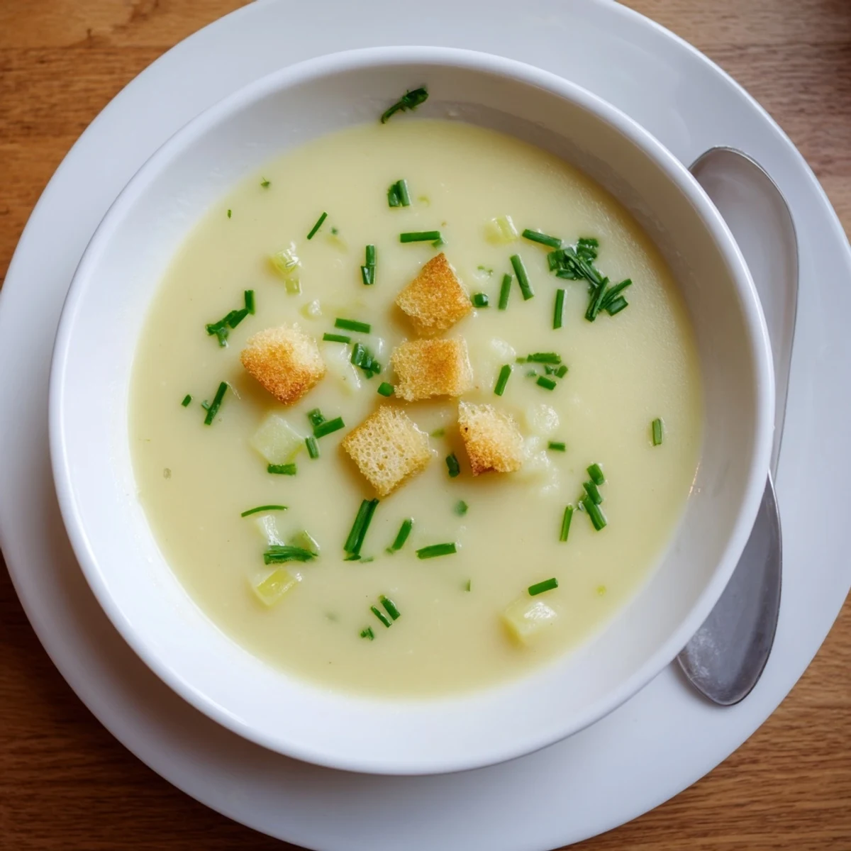 Silky smooth potato leek soup with crusty bread on wooden board