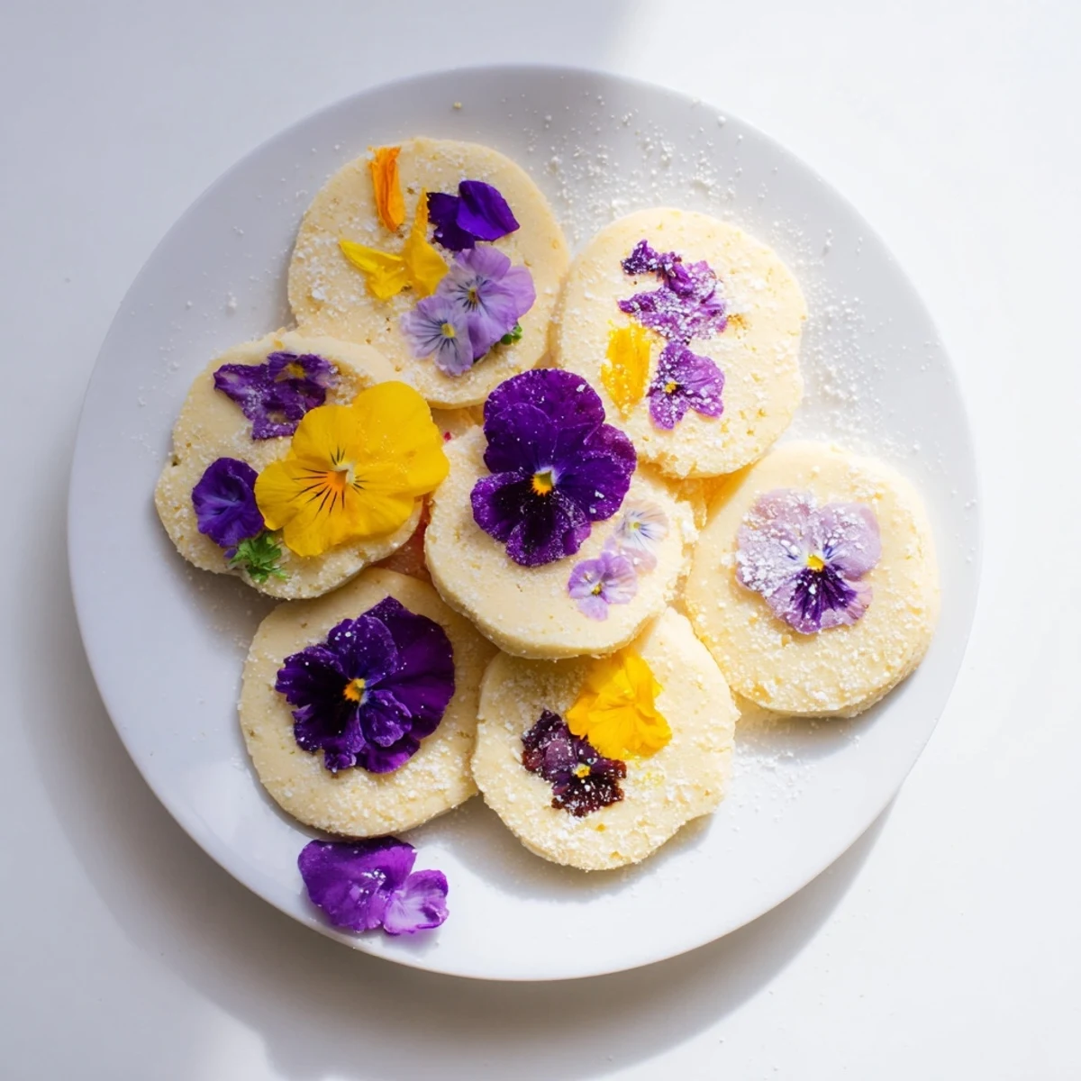 Golden Spring Flower Shortbread Cookies topped with colorful pressed violets and delicate sugar crystals
