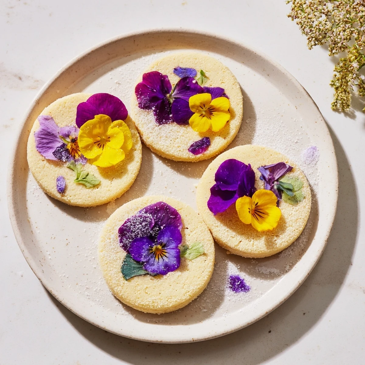 Buttery shortbread rounds decorated with edible pansies and rose petals on a white serving plate