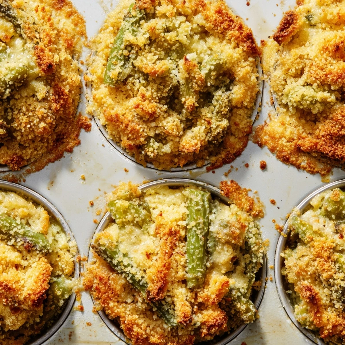 Golden brown garlic Parmesan green bean casserole cups topped with crispy panko breadcrumbs