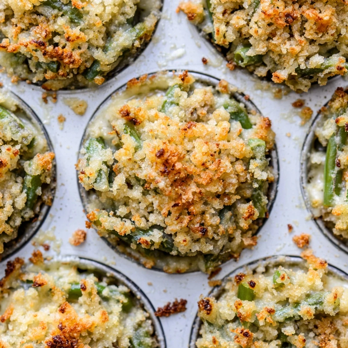 Baked green bean casserole cups with savory garlic parmesan sauce and golden crunchy topping