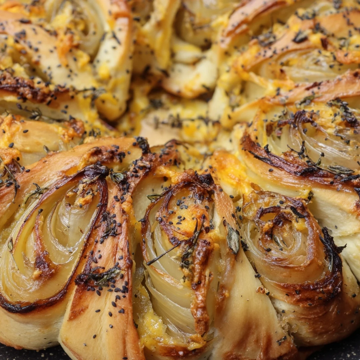 Golden brown caramelized onion Gruyere stuffed bread wreath with melted cheese layers