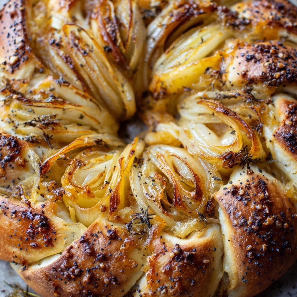 Pull-apart savory bread wreath featuring sweet caramelized onions and shredded Gruyere cheese topping