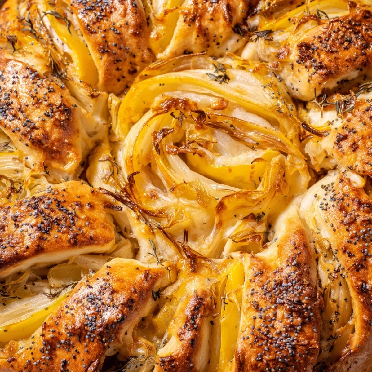 Circular stuffed bread with golden crust revealing caramelized onion and creamy Gruyere center