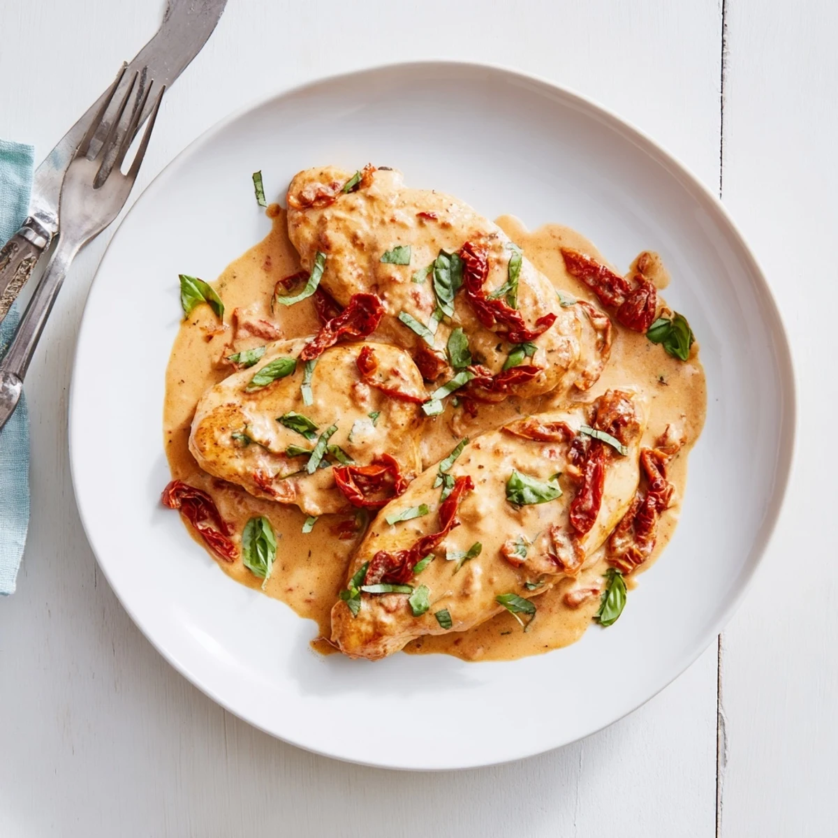 Golden brown chicken breasts bathing in rich creamy sun-dried tomato parmesan sauce garnished with fresh basil