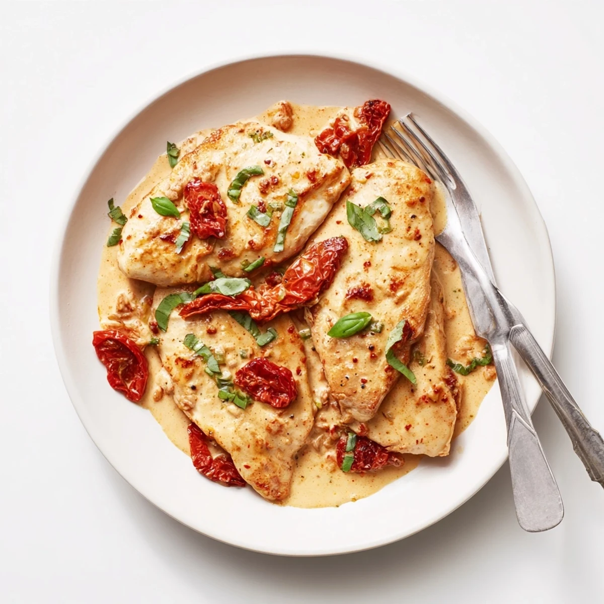 Juicy high protein Marry Me Chicken simmered in thick red sauce dotted with savory sun-dried tomatoes