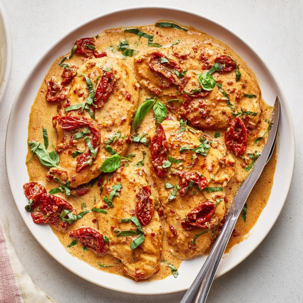 Steaming skillet of tender chicken coated in white and red speckled cream sauce topped with green basil