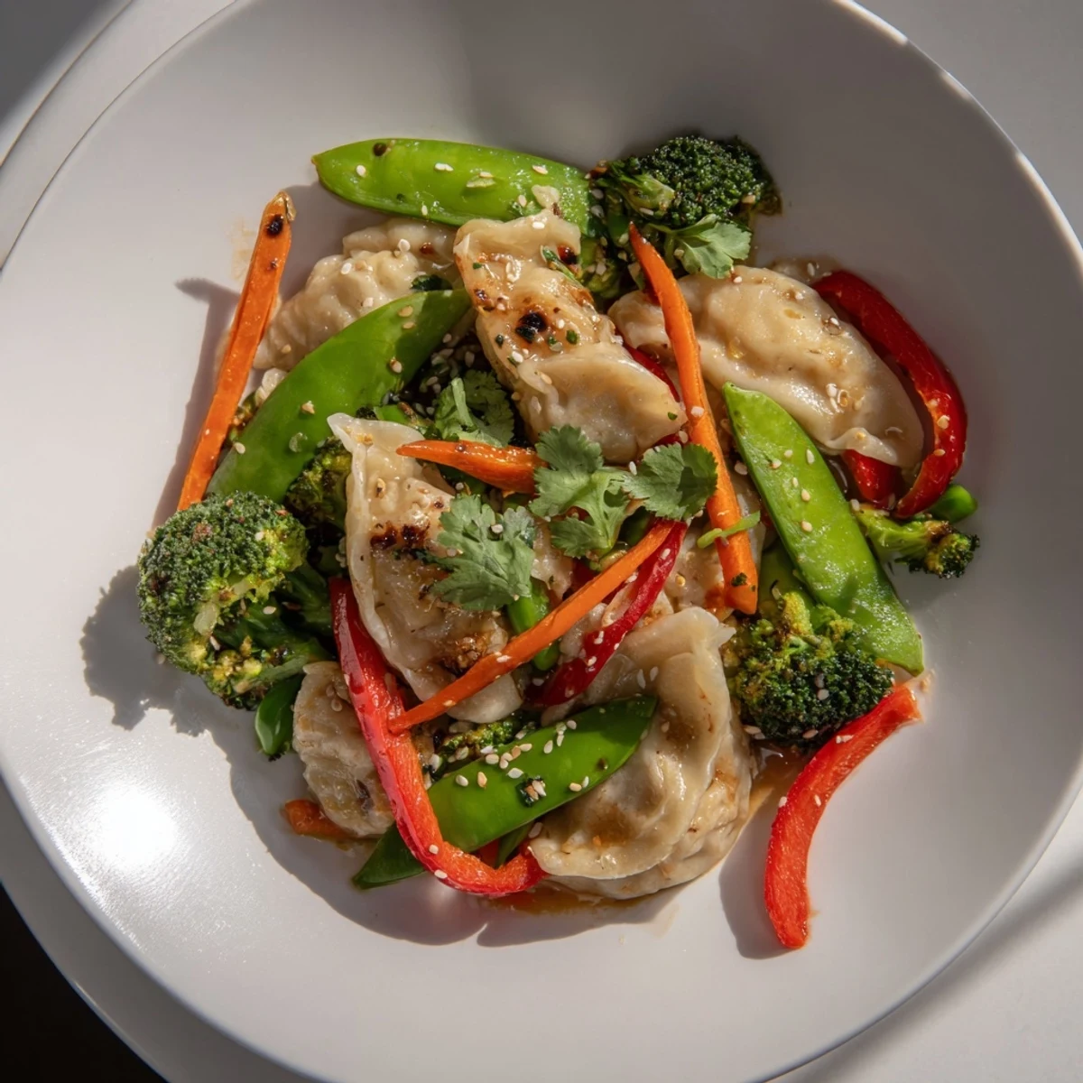 Golden pan-fried dumpling stir fry with veggies garlic sauce delight coated in glossy savory glaze