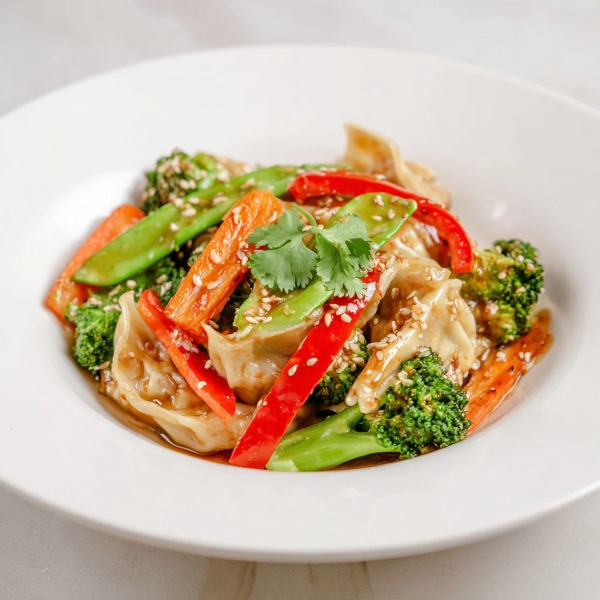 Steaming wok filled with crispy dumpling stir fry featuring snap peas and aromatic garlic sauce delight