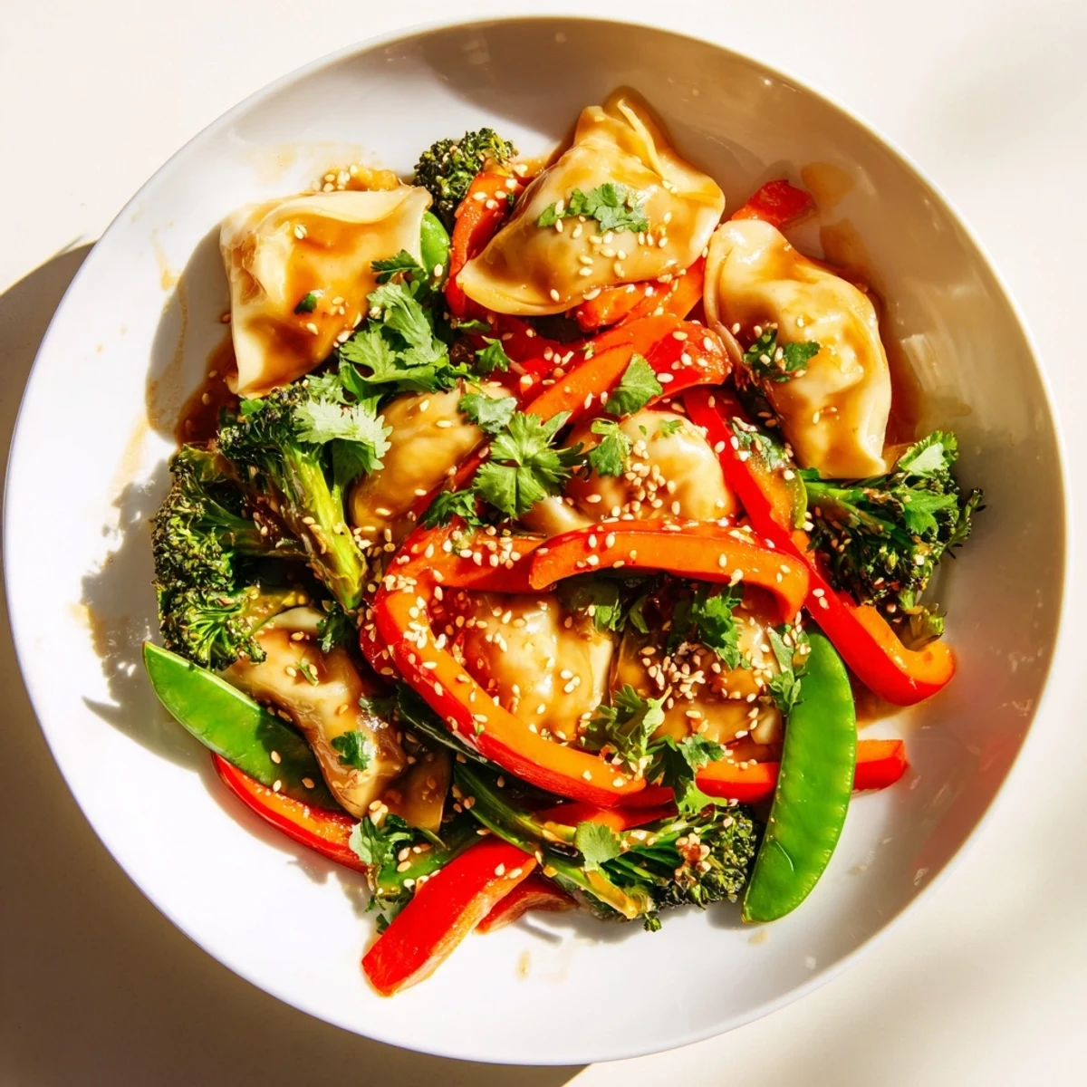 Colorful vegetable medley tossed with tender dumplings in rich garlic sauce delight over fresh cilantro
