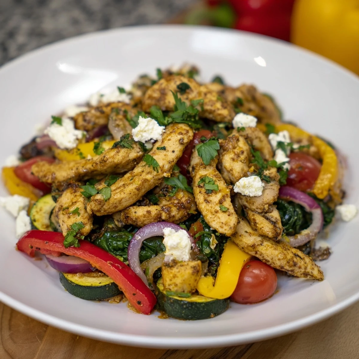 Colorful Easy Mediterranean Chicken Stir Fry with red peppers zucchini and crumbled feta cheese