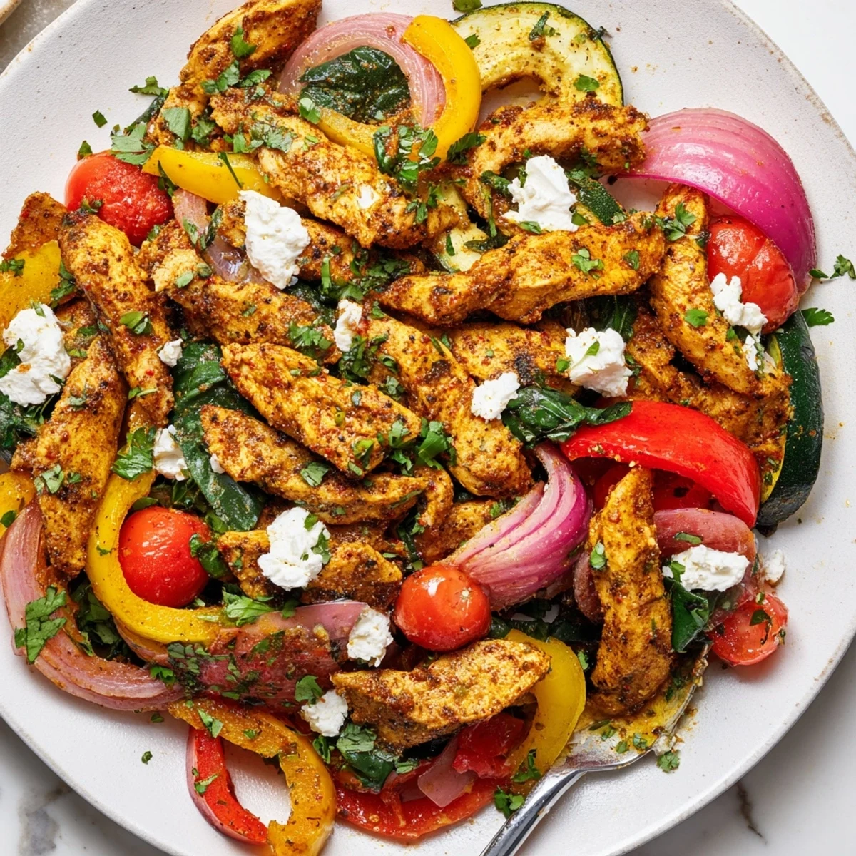 Juicy spiced Easy Mediterranean Chicken Stir Fry served in a white bowl with fresh parsley garnish