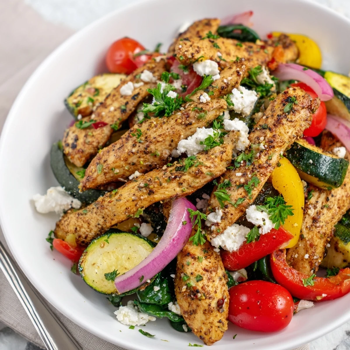 Sizzling skillet of Easy Mediterranean Chicken Stir Fry featuring tender chicken strips vibrant vegetables and melted feta