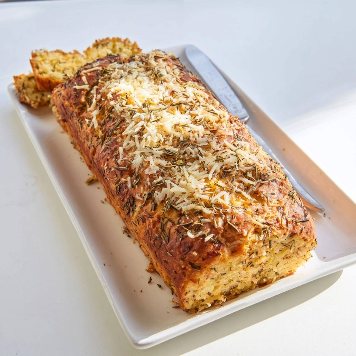 Golden Parmesan herb keto bread loaf topped with melted cheese and fresh parsley garnish