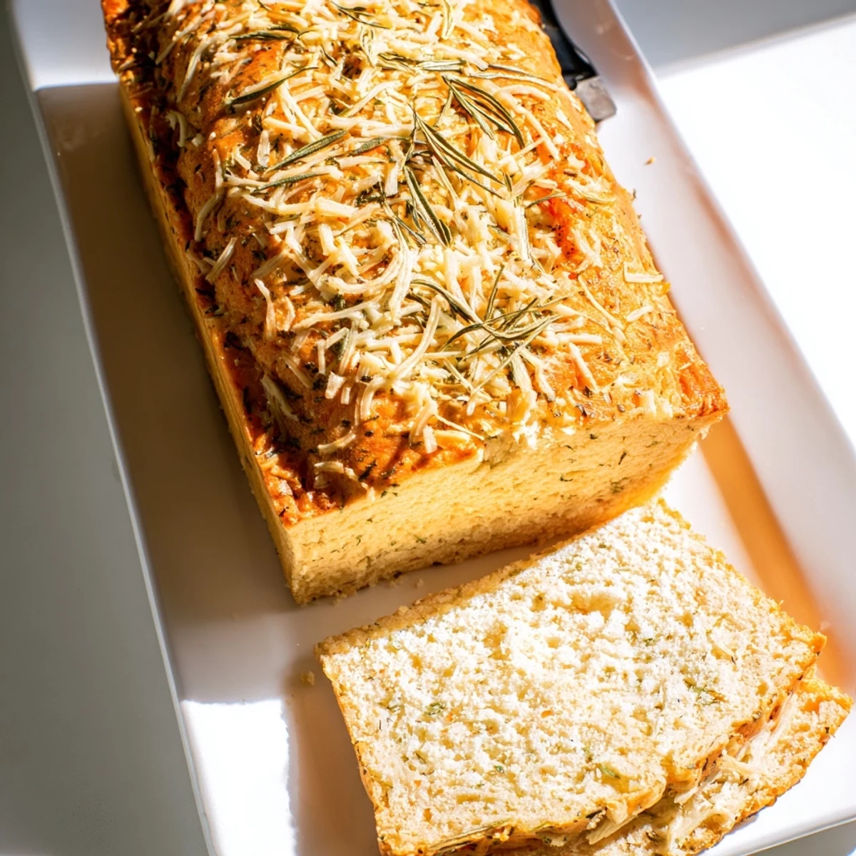Savory low-carb Parmesan herb keto bread sliced on a wooden cutting board with butter knife