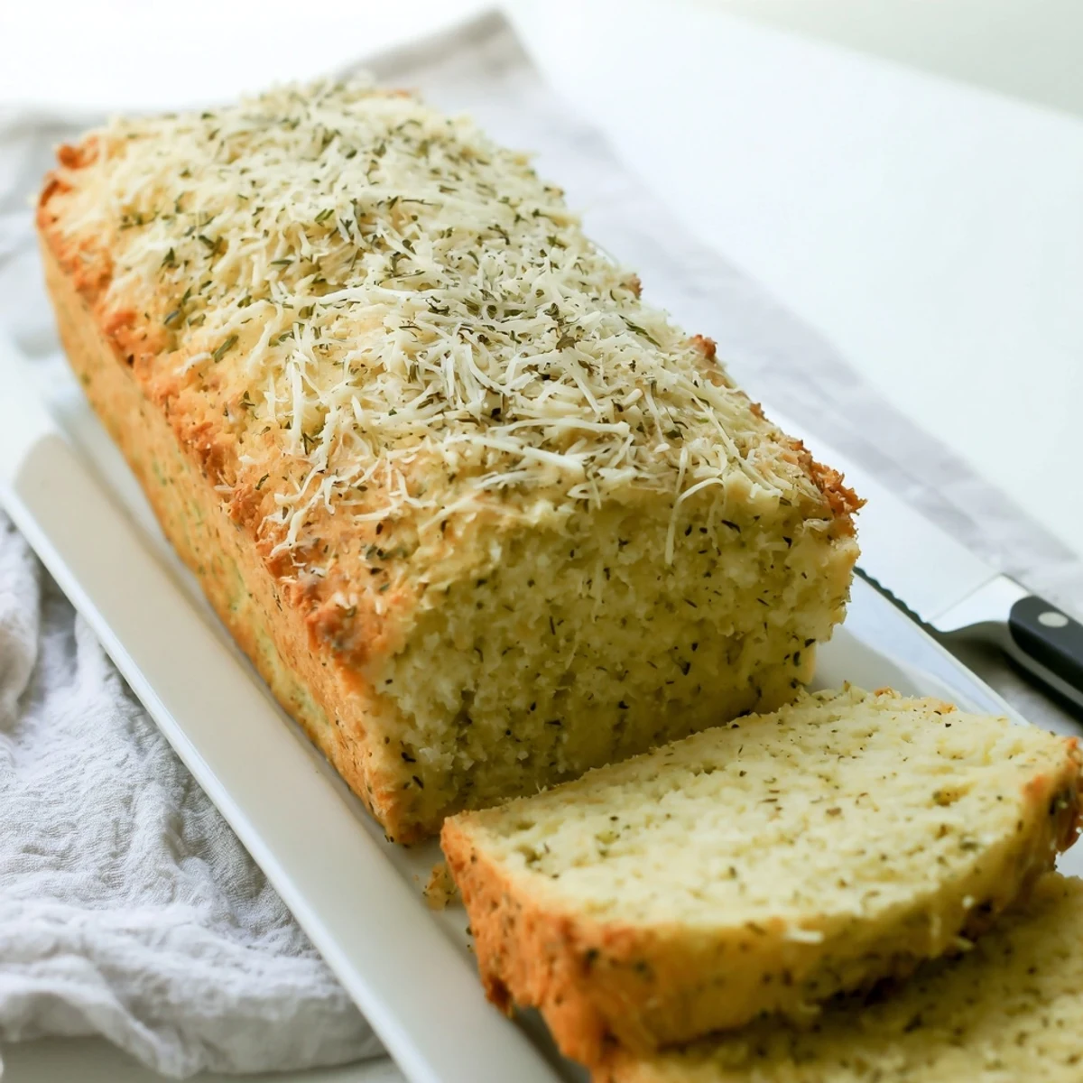 Homemade Parmesan herb keto bread showing fluffy interior texture and golden cheesy crust on white plate