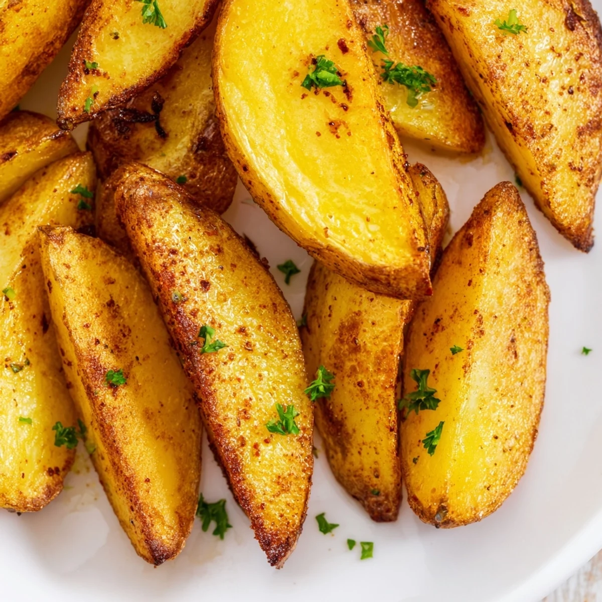 Golden crispy air fryer potato wedges seasoned with garlic powder and paprika on a white plate