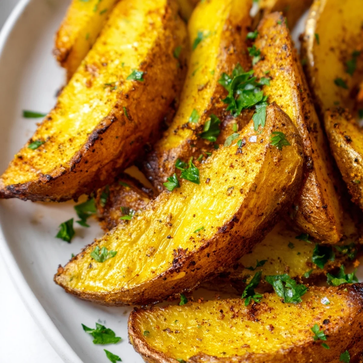 Fluffy air fryer potato wedges with crispy exteriors served as a healthy American side dish