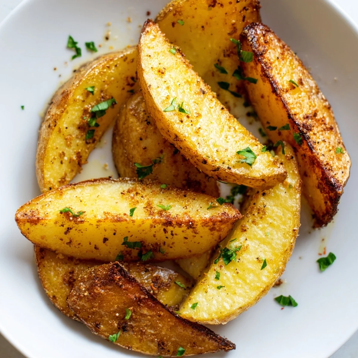 Homemade air fryer potato wedges garnished with fresh parsley and ready for dipping with ketchup