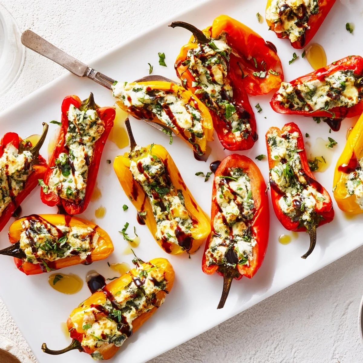 Colorful roasted goat cheese stuffed mini peppers arranged on a serving platter with fresh herbs