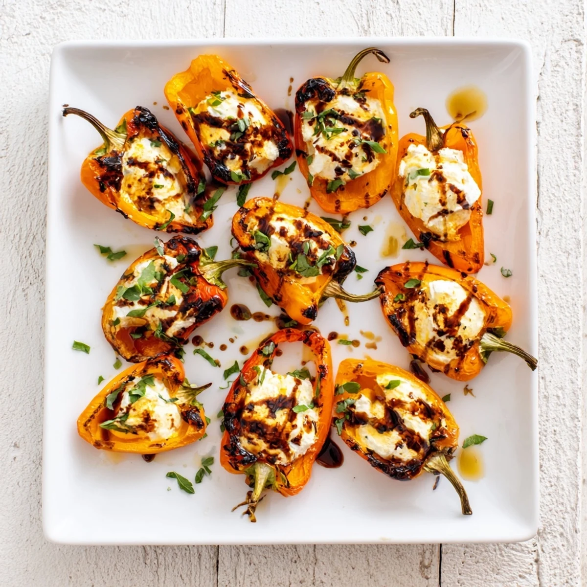 Mediterranean appetizer of sweet roasted peppers topped with savory goat cheese and chopped chives