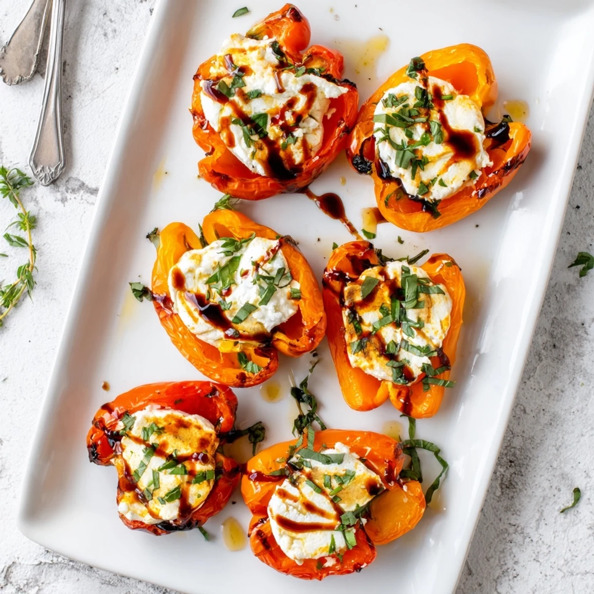 Golden mini peppers filled with creamy herbed goat cheese, drizzled with balsamic glaze and olive oil