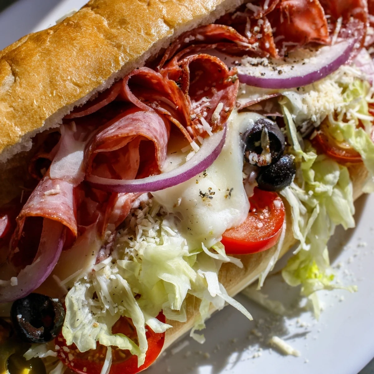Crispy submarine sandwich overflowing with deli meats and tangy dressed lettuce salad topping