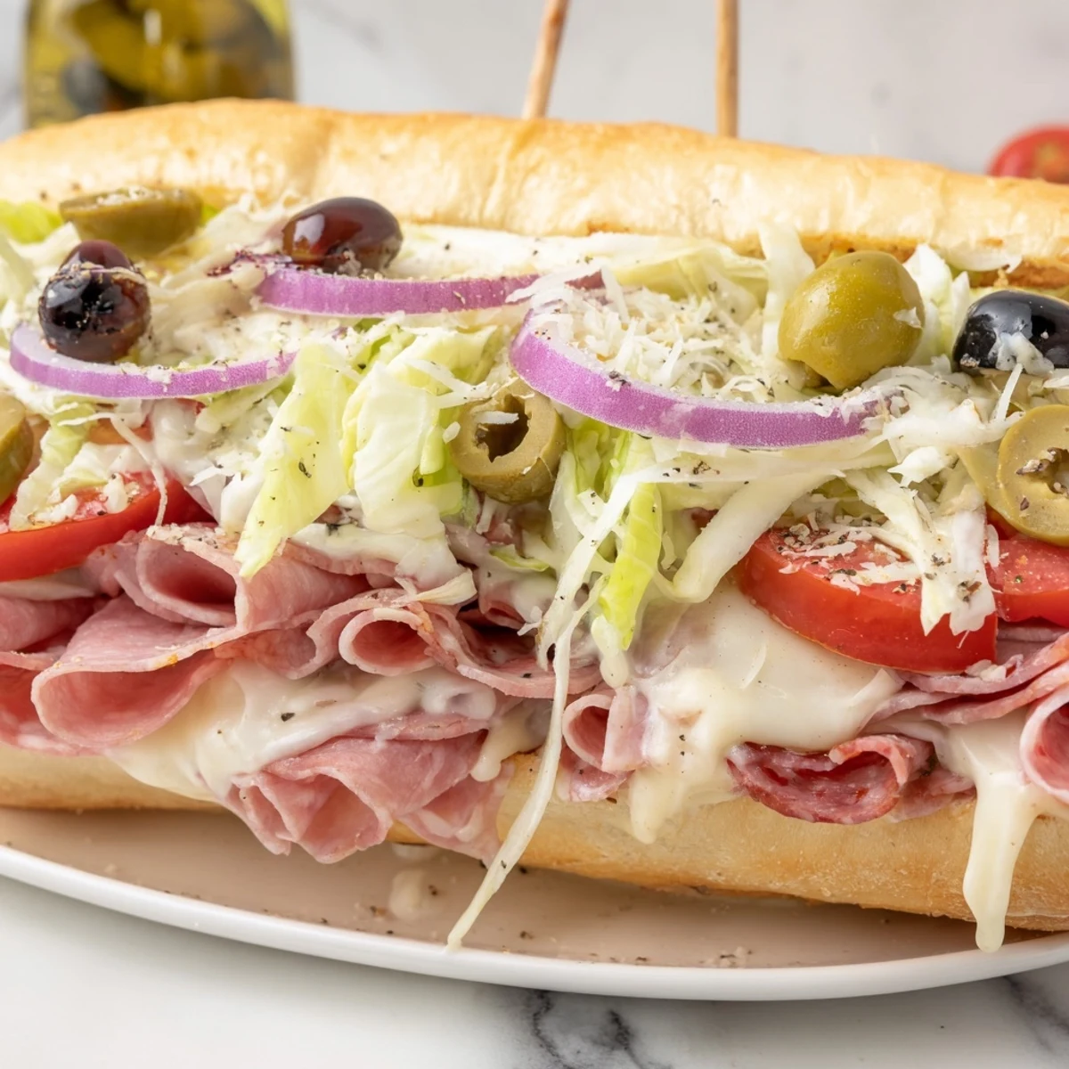 Golden hoagie roll piled high with melted provolone and zesty Italian grinder salad mixture