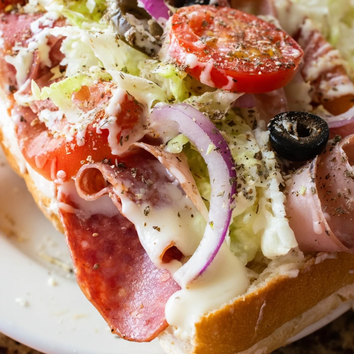 Cross-section of Italian grinder sandwich revealing layered cold cuts and colorful vegetable salad filling