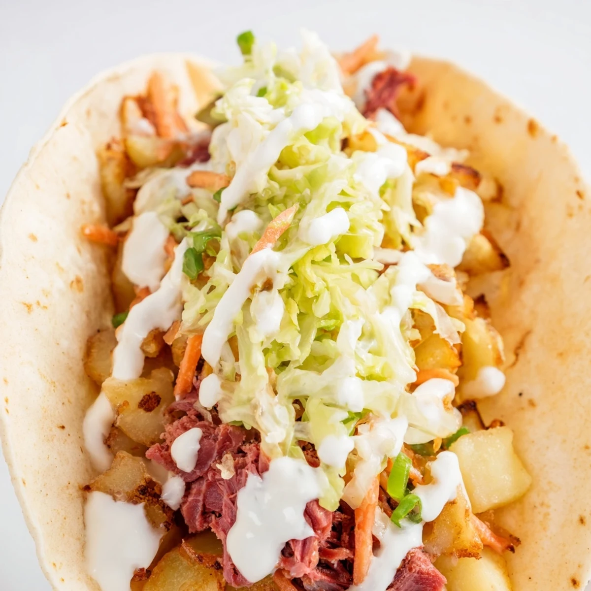 Irish tacos stacked high with shredded beef, potato filling, and crunchy vegetable slaw topping
