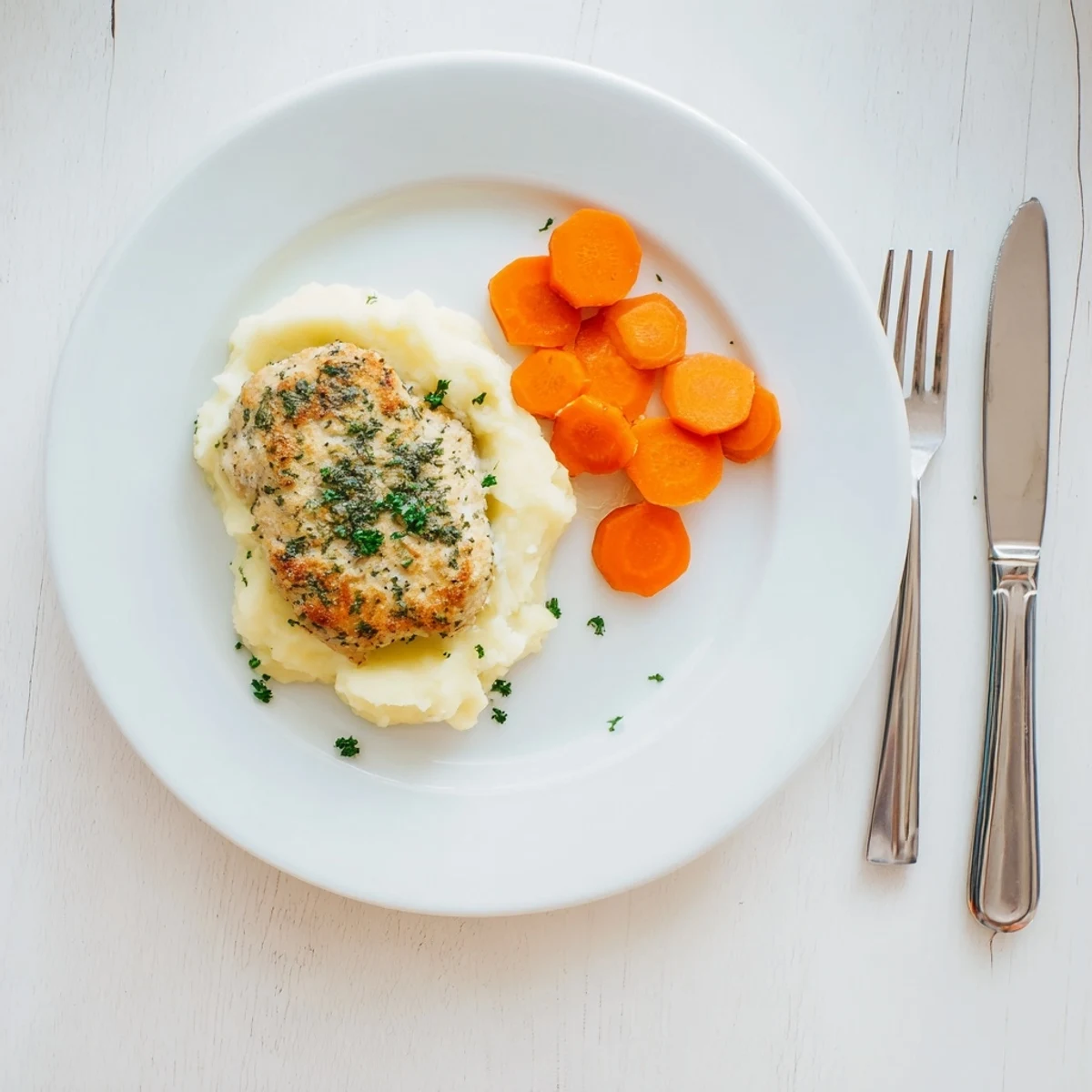 Golden garlic herb chicken breast plated with fluffy mashed potatoes and honey-glazed carrots
