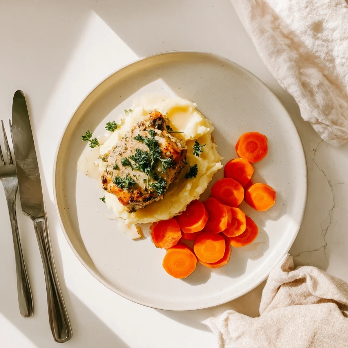 Sliced garlic herb chicken resting on creamy mashed potatoes beside sweet buttery glazed carrots