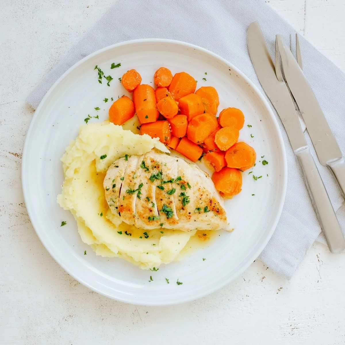Homemade garlic herb chicken dinner featuring velvety mashed potatoes and shiny honey-glazed carrot rounds