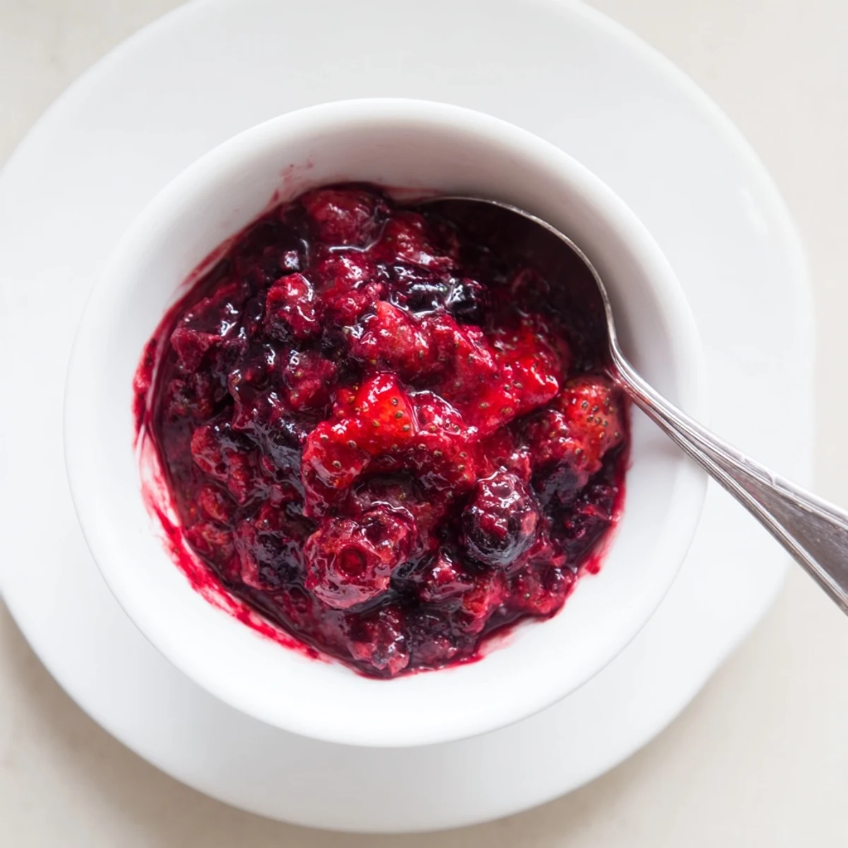 Vibrant jar of easy berry chia seed jam topped with fresh whole berries