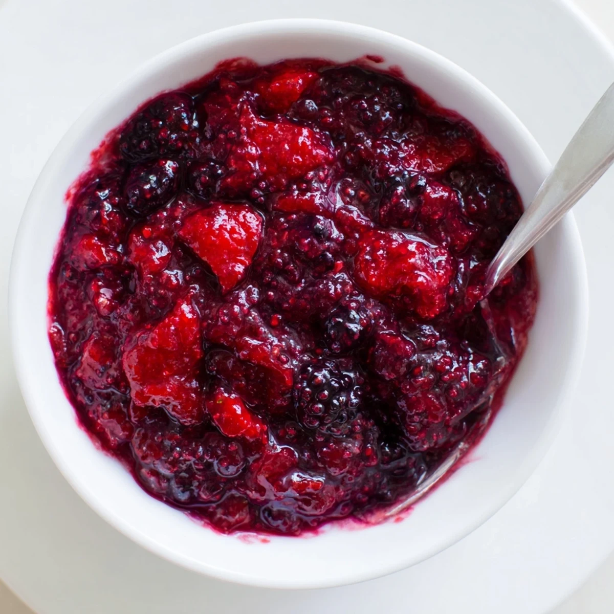 Spoonful of naturally sweetened mixed berry chia jam glistening on white ceramic plate