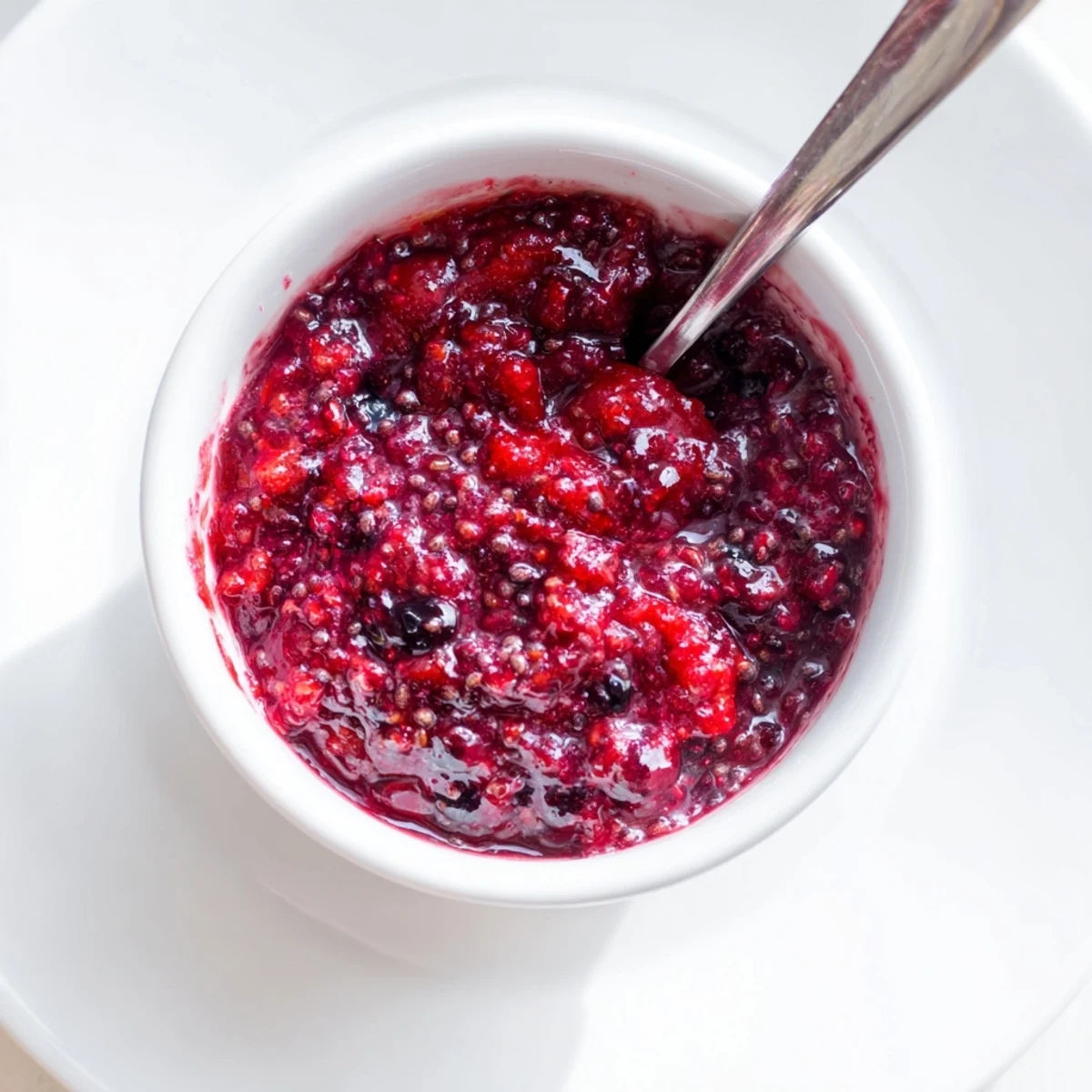 Glass container filled with chunky easy berry chia seed jam spread on rustic toast