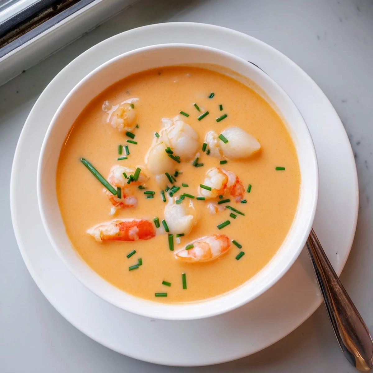 Creamy seafood bisque with tender shrimp, scallops, and crab meat garnished with fresh chives