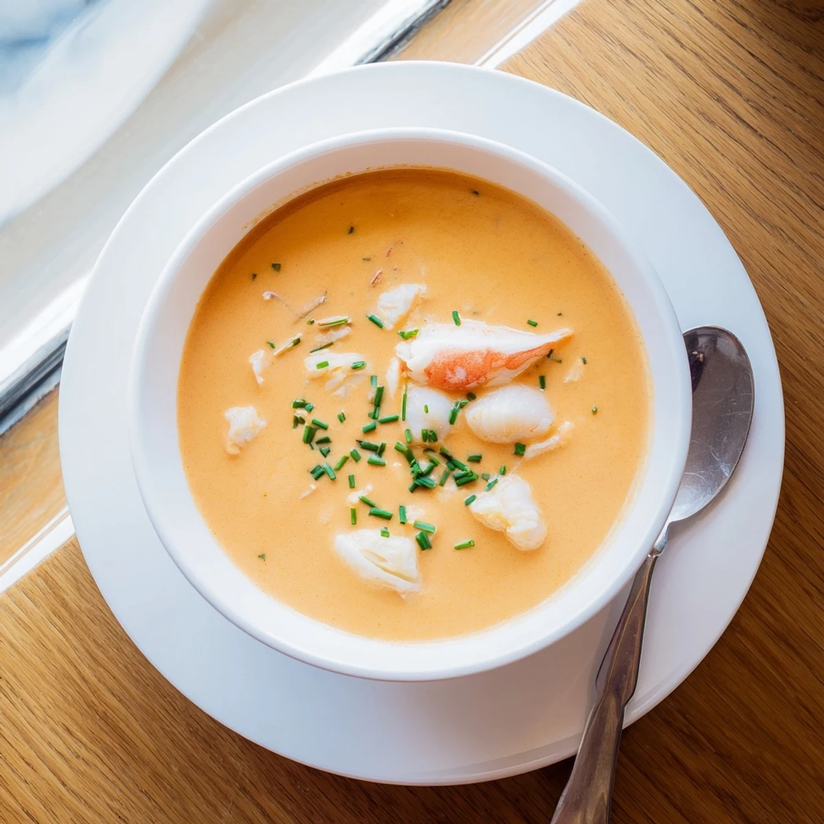 Rich French seafood bisque served in a white bowl with crusty bread on the side